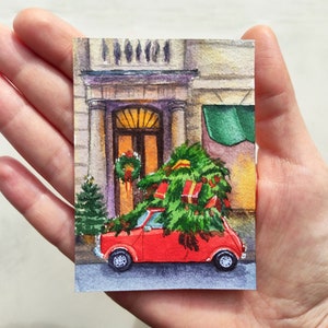 ACEO Arte originale ACEO Pittura ad acquerello ACEO Biglietti di Natale ACEO Auto rossa invernale Aceo Pittura natalizia Aceo Arte natalizia invernale