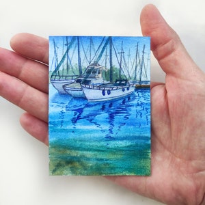 ACEO Arte originale ACEO Dipinto originale Aceo Acquerello Paesaggio marino Aceo Dipinto di barca Barca a vela Arte murale Aceo Dipinto in miniatura ad acquerello