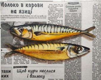 Fish painting Newspaper art Food painting on Newspaper painting Fish artwork Coastal painting Kitchen still life Seafood painting