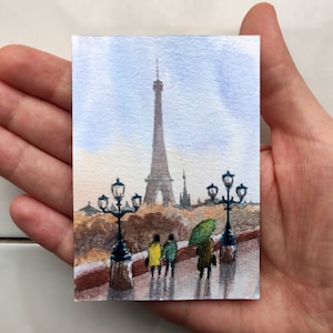 Pintura original ACEO, cartões ACEO, aquarela, Paris, paisagem, aquarela, miniatura, pintura, pequena obra de arte, casal ACEO, 2,5 x 3,5 polegadas
