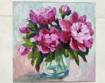 Peonies Painting Impasto painting Flowers Original Art Peony Flowers Art Small oil Painting Peonies Purple flowers wall art 8x8 in.