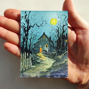 Arte original Aceo Pintura original de Halloween Aceo Halloween Aquarela de arte de Halloween Pintura assustadora Aceo Bruxa Artista Cartão de troca