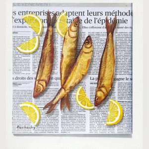 Fish painting Newspaper art Food painting on Newspaper Original oil painting Sardine art Kitchen still life Seafood painting Kitchen art