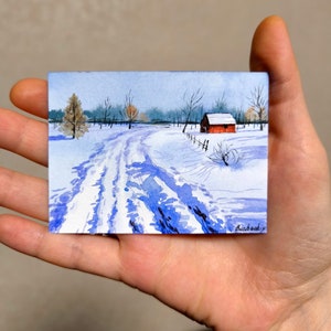 Art original Aceo peinture Aceo aquarelle Aceo paysage d'hiver Aceo neige peinture ACEO art cartes Noël ACEO cartes art hiver