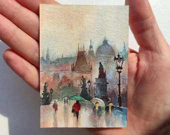 Aceo Original Art ACEO Cards Prague Original painting ACEO watercolor Aceo Cityscape miniature painting Artist trading cards 2.5X3.5 in