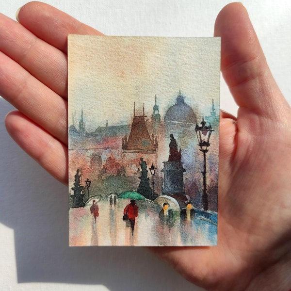 Aceo Original Art ACEO Cards Prague Original painting ACEO watercolor Aceo Cityscape miniature painting Artist trading cards 2.5X3.5 in