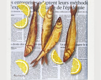 Fish painting Newspaper art Food painting on Newspaper Original oil painting Sardine art Kitchen still life Seafood painting Kitchen art