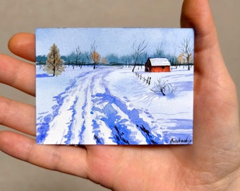 Aceo Original Art Aceo painting Aceo watercolor painting Aceo Winter Landscape Snow painting ACEO art cards Christmas ACEO cards Winter art