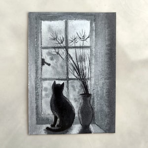 ACEO Original painting ACEO Original Art ACEO cards Aceo cat Black cat painting Aceo small watercolor small original painting 2.5X3.5 in