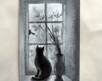 ACEO Pintura original ACEO Arte original Tarjetas ACEO Gato Aceo Pintura de gato negro Acuarela pequeña Aceo Pintura original pequeña 2.5X3.5 pulgadas
