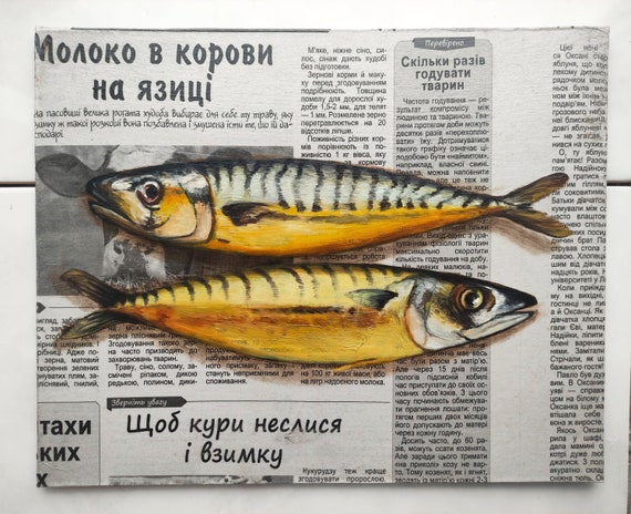 Fish painting Newspaper art Food painting on Newspaper painting Fish artwork Coastal painting Kitchen still life Seafood painting