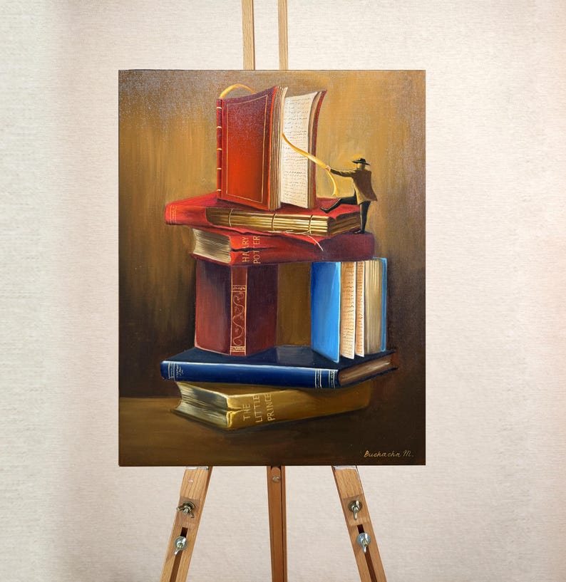 May include: A painting of a stack of books with a small figure pulling a string attached to the top book. The books are titled "Harry Potter", "The Little Prince", and "The Hobbit".