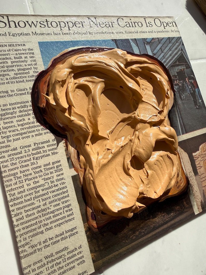 Peanut butter toast Impasto painting Newspaper art Food painting on Newspaper painting Toast art Food wall art Newspaper Wall Art image 6