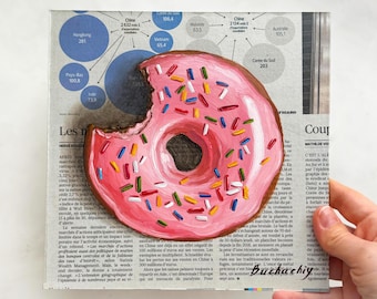 ドーナツの絵画のトレンディな壁アート、新聞紙に描かれたピンクの