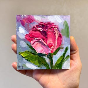 Rose Painting Original Impasto painting Miniature painting Pink Rose art small artwork Flowers Original painting Red Flower painting