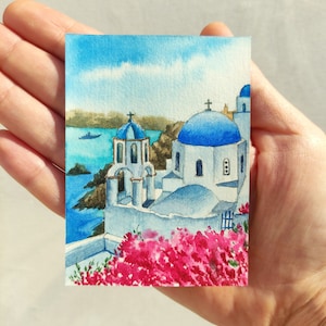 Aceo dipinto originale Santorini acquerello Aceo dipinto piccolo dipinto originale Aceo carte Paesaggio acquerello Dipinto in miniatura
