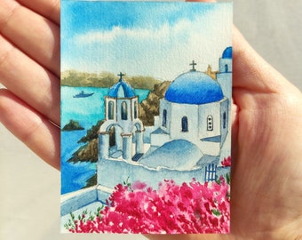 Aceo original painting Santorini watercolor Aceo painting small original painting Aceo cards Landscape watercolor Miniature painting