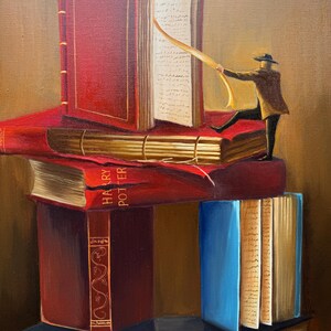 May include: A painting of a stack of books with a small figure reaching for a page in the top book. The top book is red with gold accents and has a title page open. The second book is red with the title "HARRY POTTER" visible. The third book is blue and the bottom book is dark blue. The figure is wearing a brown coat and a hat.