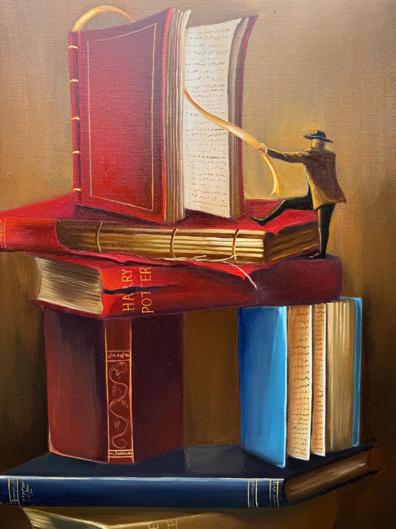 May include: A painting of a stack of books with a small figure reaching for a page in the top book. The top book is red with gold accents and has a title page open. The second book is red with the title "HARRY POTTER" visible. The third book is blue and the bottom book is dark blue. The figure is wearing a brown coat and a hat.