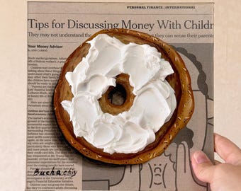 Bagel painting on Newspaper art Impasto painting Newspaper painting Bagel art on Newspaper food painting Newspaper Wall Art Food Impasto art