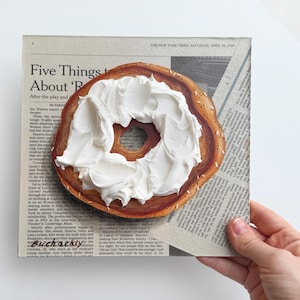 Bagel painting on Newspaper art Impasto painting Newspaper painting Bagel art on Newspaper food painting Newspaper Wall Art Food Impasto art