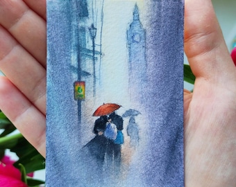 Oryginalna sztuka Aceo Karty ACEO Akwarela ACEO Oryginalny obraz ACEO Obraz pary Pejzaż Londynu Karta kolekcjonerska artysty Aceo Art 2,5 x 3,5 cala