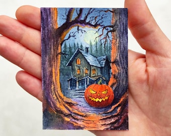 Arte original de Aceo Pintura de ACEO Pintura de terror de Aceo Pintura de Halloween Pintura espeluznante Pintura de acuarela de Aceo Arte de Halloween Tarjetas coleccionables de artistas