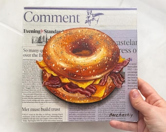 Bagel painting Newspaper painting Newspaper art  Breakfast painting on Newspaper Original Newspaper Wall Art Burger painting Food painting