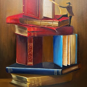 May include: A stack of books with red, blue, and gold covers. The top book has the title "Harry Potter" on the spine. A small figure in a brown coat and hat is standing on top of the books, holding a yellow ribbon.