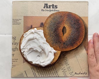 Bagel painting Newspaper art Impasto painting Newspaper painting Bagel art on newspaper wall art Original Food painting Bread painting