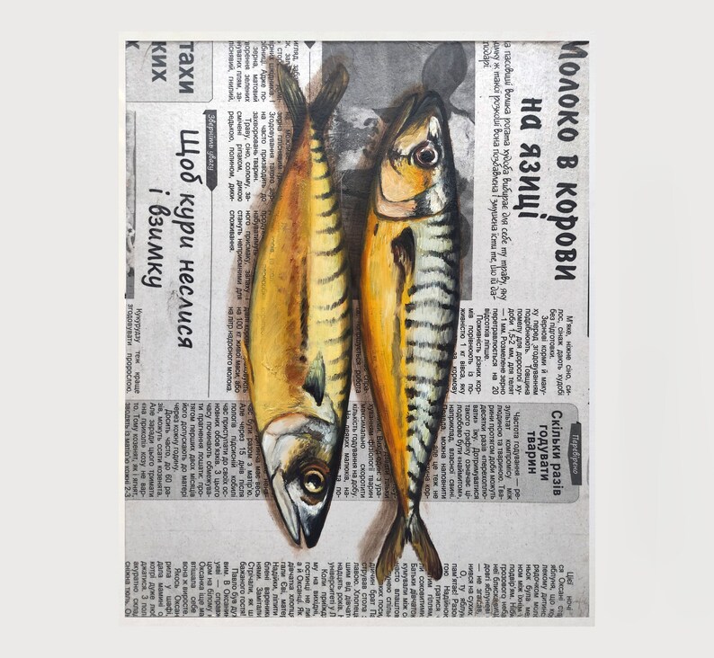 May include: An oil painting of two mackerel fish, side-by-side, on a newspaper background. The fish have yellow and silver stripes. The newspaper has Ukrainian text.