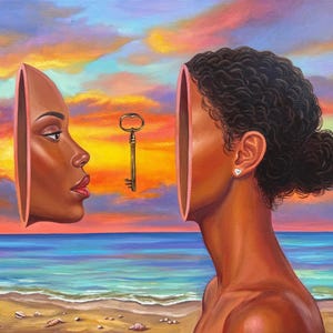 May include: An oil painting depicts a woman with a key floating between her face and a detached profile. The background features a colorful sunset over a beach. The woman has dark skin, curly hair, and a heart-shaped earring.