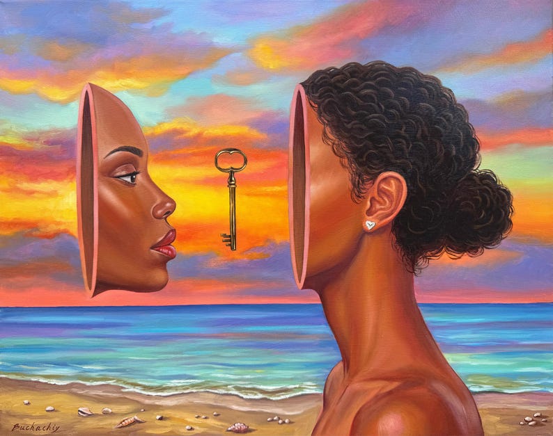 May include: An oil painting depicts a woman with a key floating between her face and a detached profile. The background features a colorful sunset over a beach. The woman has dark skin, curly hair, and a heart-shaped earring.