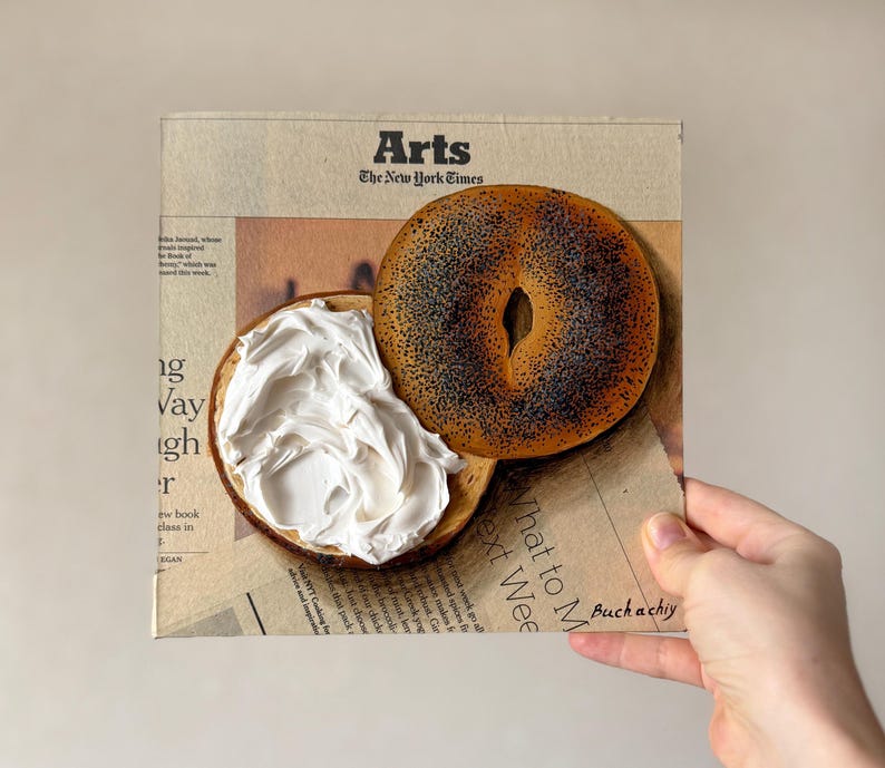 Bagel schilderij krantenkunst Impasto schilderij krant schilderij bagel kunst op krant muurkunst origineel eten schilderij brood schilderij afbeelding 9