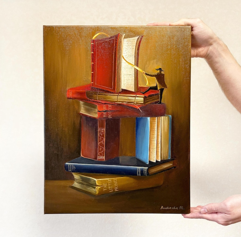 May include: A painting of a stack of books with a small figure standing on top of the stack. The figure is holding a ribbon that is attached to the top book. The books are titled "Harry Potter" and "The Little Prince". The painting is signed "Buchacha M."