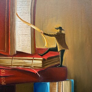 May include: A painting of a man in a brown coat and hat standing on a stack of books. He is holding a long, thin, yellow ribbon that is attached to the top of a large, red book. The book is open and the pages are filled with text. The book is labeled "POTTER" on the spine.