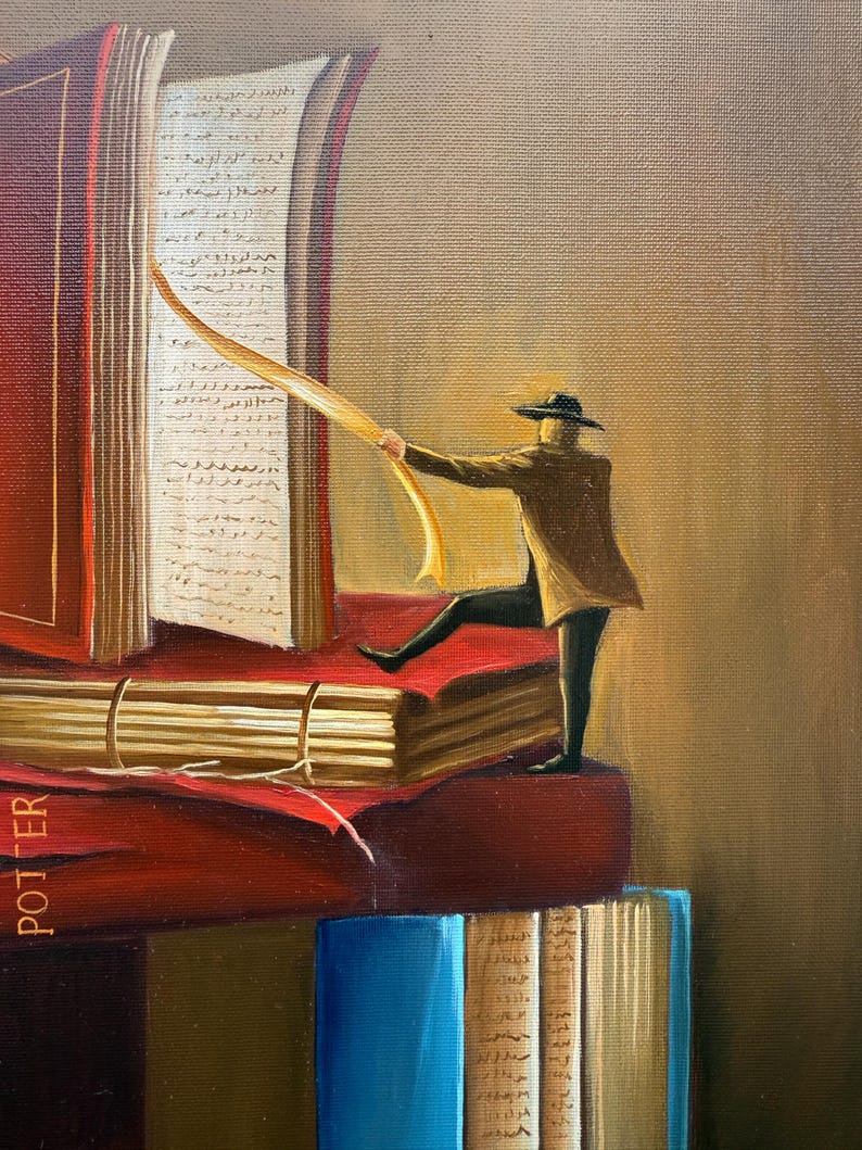 May include: A painting of a man in a brown coat and hat standing on a stack of books. He is holding a long, thin, yellow ribbon that is attached to the top of a large, red book. The book is open and the pages are filled with text. The book is labeled "POTTER" on the spine.