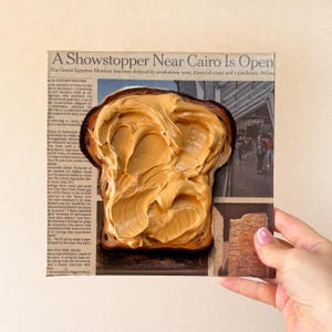 Peanut butter toast Impasto painting Newspaper art Food painting on Newspaper painting Toast art Food wall art Newspaper Wall Art image 2