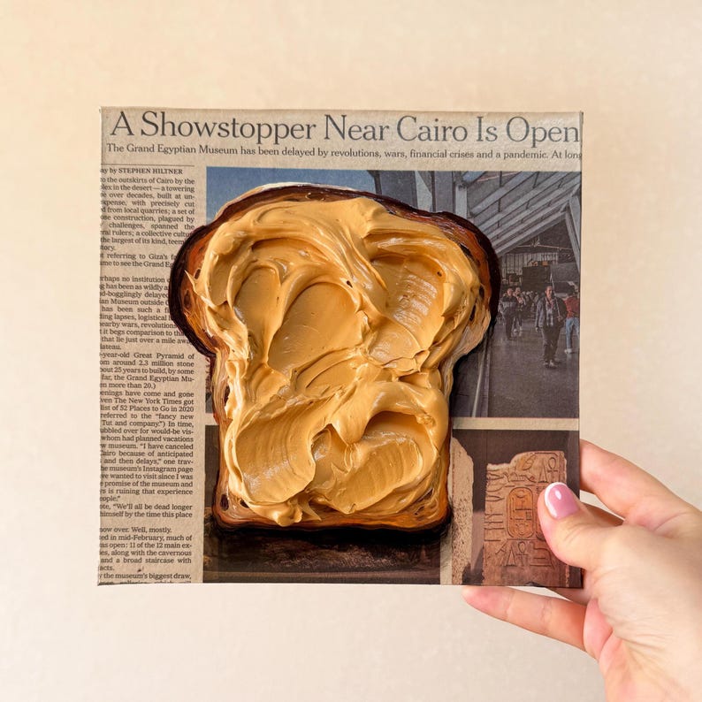 Peanut butter toast Impasto painting Newspaper art Food painting on Newspaper painting Toast art Food wall art Newspaper Wall Art image 2