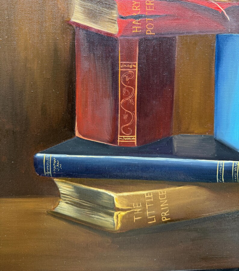 May include: A still life painting of a stack of books. The top book is red and has the words "Harry Potter" on the spine. The middle book is blue and the bottom book is yellow with the words "The Little Prince" on the spine.