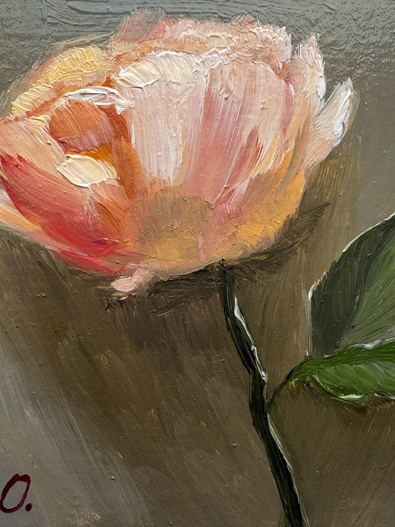 May include: A single, pale pink flower with a yellow center, painted in a loose, impressionistic style. The flower is on a stem with a single green leaf. The background is a muted gray.