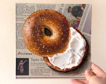 Bagel painting Newspaper art Impasto painting Newspaper painting Bagel art on newspaper Food painting Original Newspaper Wall Art Food art