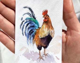 Arte original de Aceo Pintura de Aceo Pintura de gallo de ACEO Arte de acuarela de ACEO Tarjetas coleccionables de artista Pintura de acuarela pequeña de Aceo Aceo original