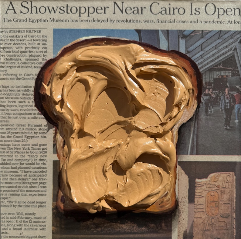Peanut butter toast Impasto painting Newspaper art Food painting on Newspaper painting Toast art Food wall art Newspaper Wall Art image 3