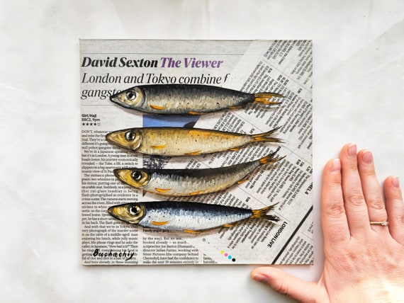 Fish painting on Newspaper art Sardine painting on Newspaper Original oil painting Sardine art Kitchen still life Seafood painting Fish art