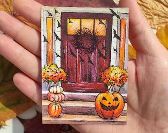 Pintura de Halloween con arte original de Aceo Pintura de ACEO Tarjetas de Aceo Aceo Halloween Arte de acuarela de Halloween Pintura de aceo espeluznante Pintura de calabaza