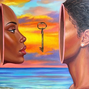 May include: An oil painting depicts two faces with open heads facing each other, with a golden key suspended between them. The background features a vibrant sunset over a beach and ocean. The artwork uses warm colors.