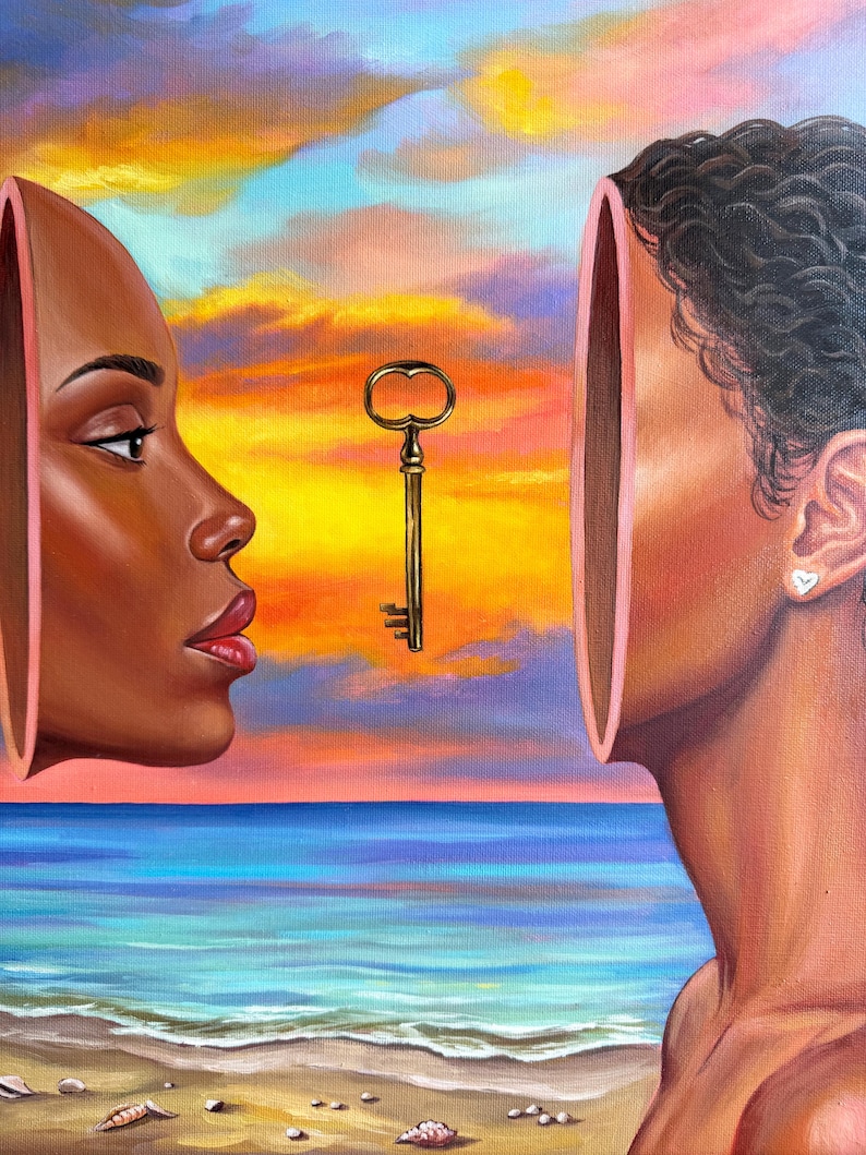 May include: An oil painting depicts two faces with open heads facing each other, with a golden key suspended between them. The background features a vibrant sunset over a beach and ocean. The artwork uses warm colors.