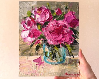 Peinture de pivoines, empâtement de fleurs, oeuvre d&#39;art originale, oeuvre de fleurs de pivoine, petite peinture à l&#39;huile, oeuvre d&#39;art mural de fleurs violettes de pivoines, 20 x 20 cm.