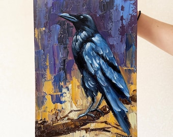 Crow painting original Bird oil painting Raven painting Halloween artwork Bird artwork Halloween impasto painting  14 by 10 in